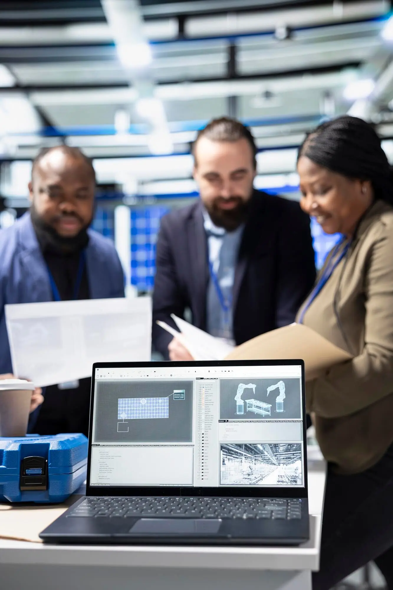 Ingenieure und ein Bauunternehmer überwachen Solarpanel-Systeme